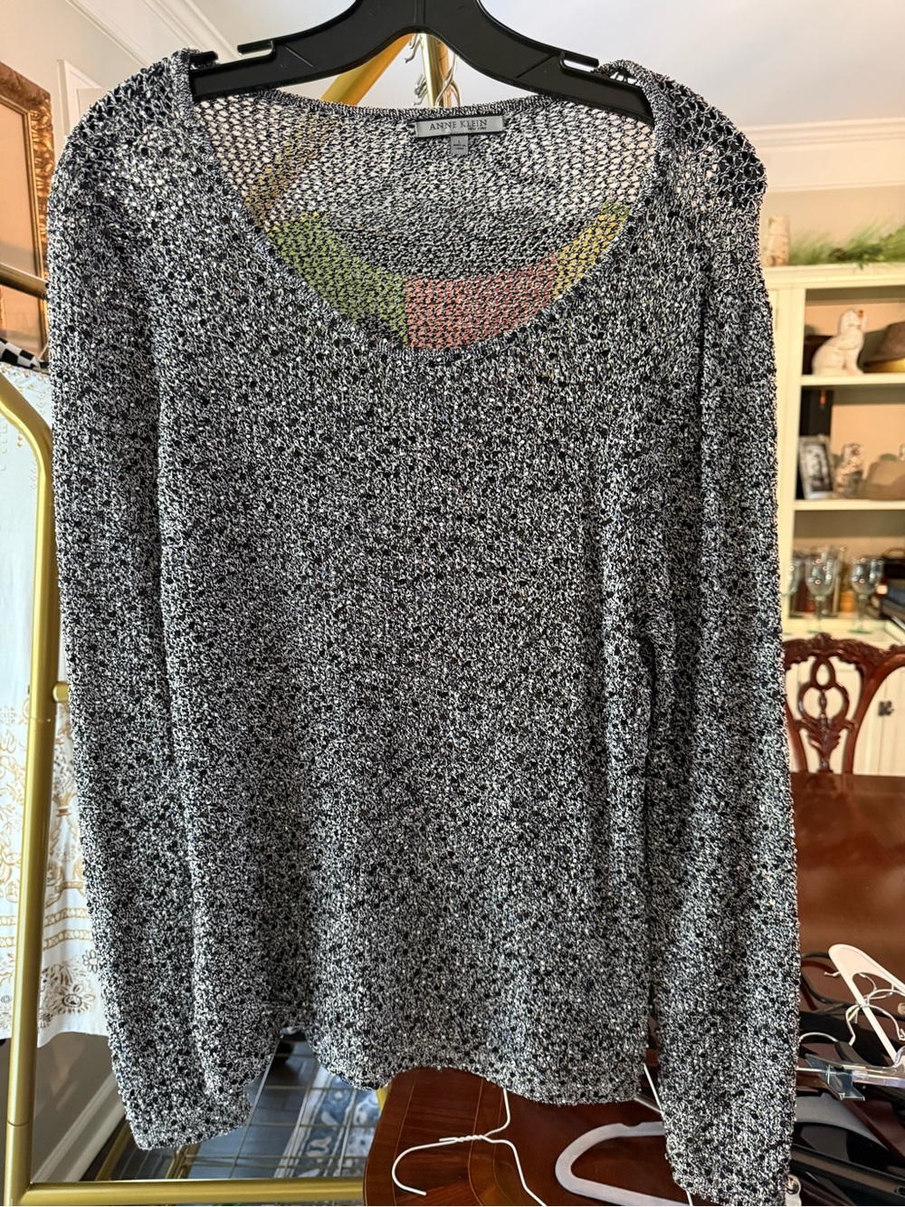 Anne Klein Black and Gray Marled Scoop Neck Sweater